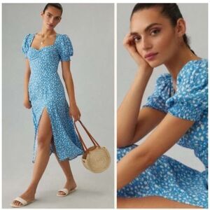 Reformation Lacey Floral Puff Sleeve Blue Midi Dress Size 2 Viscose Blend Slit